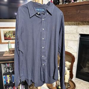 Ralph Lauren Men's XXL Custom Fit Blue Brown Pony Plaid Long Sleeve Button Shirt